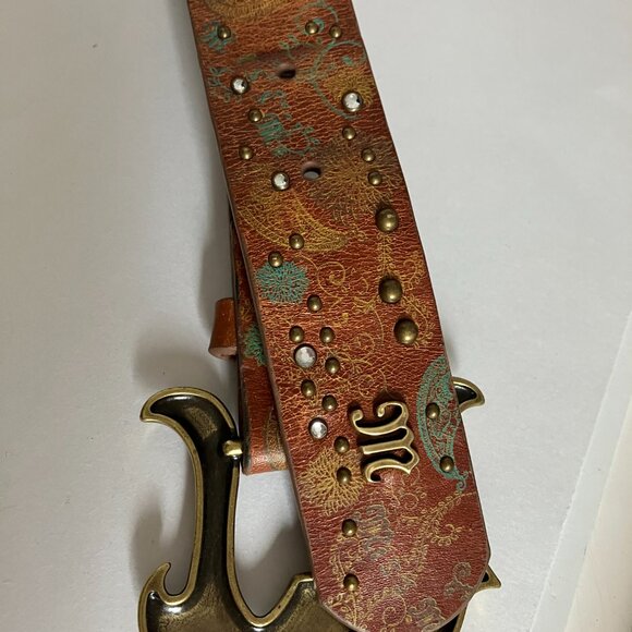 Miss Me Belt Size X Large Brown Leather Rhinestone Studded Buckle Belt Y2K. - Picture 3 of 13